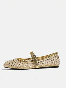 Women's Plus Size Mesh Breathable Rhinestone Ballet Shoes, Gold Square Toe New Style Fashion Date Night Flat Mary Jane Shoes, Comfortable For Walking - Gold - View 4