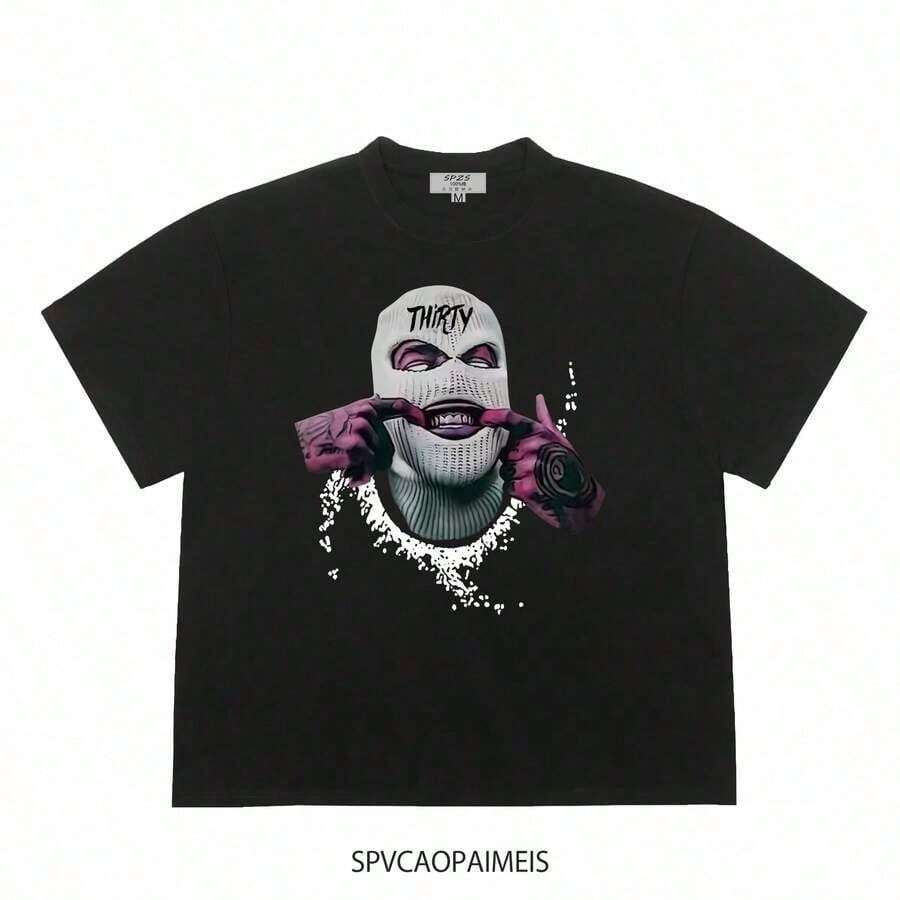 Men's Fun Short Sleeve T-Shirt With Urban Style Print - 黑色 - 查看 1