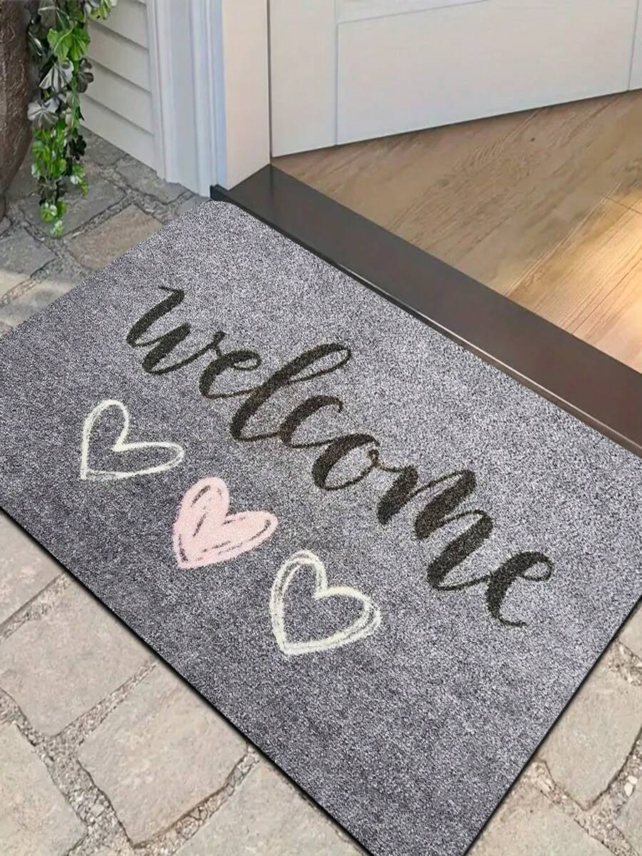 1pc Handwritten Welcome Heart Pattern Theme Doormat, Warmly Welcoming Every Guest, Crystal Velvet Material, Creating A Cozy Holiday Atmosphere, Suitable For Living Room, Bedroom Decoration, Dining Room, Kitchen, Bathroom - B - View 1