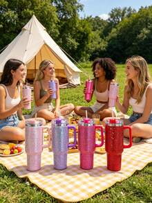 1pc 40oz Large Capacity Tumbler With Handle, Rhinestone Pattern Stainless Steel Insulated Cup With Straw, Reusable Travel Mug For Car Office Outdoor, Ideal Gift For Women & Teens - Multicolor - View 2