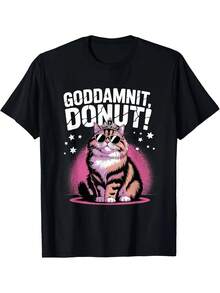 Funny T-Shirt With Donut And Princess Cat Design - Pink Donut Glasses And Tabby Cat T-Shirt - Humorous Meme T-Shirt For Women And Men, Casual Fitted T-Shirt - 黑色 - 查看 1