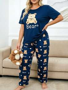 Plus Size Dark Blue Short Sleeve Top And Pants Printed 2 Pieces Pajama Set Loungewear For Women - Blue - View 2