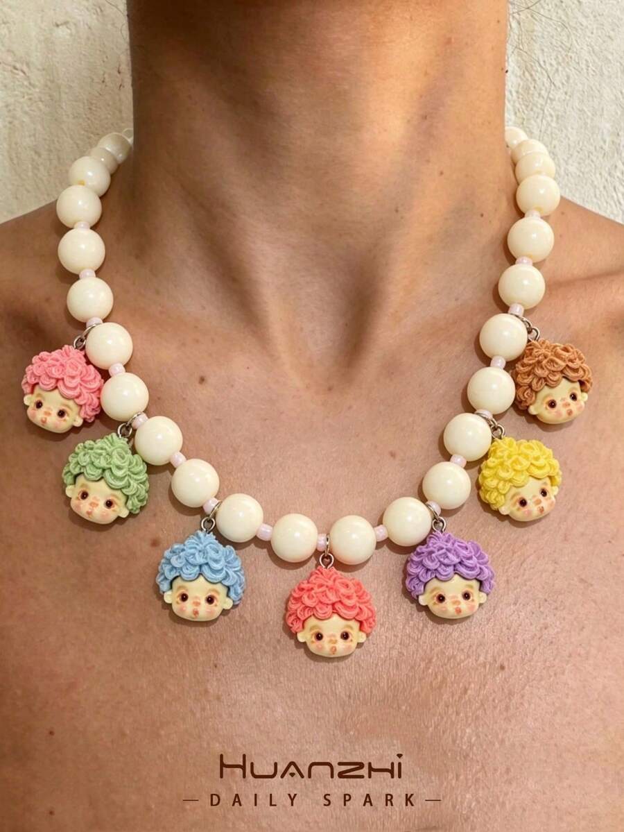 可愛卡通彩色娃娃頭吊墜串珠項鍊,卡通可愛趣味飾品,女性個性化Y2K飾品 - 彩色 - 查看 1