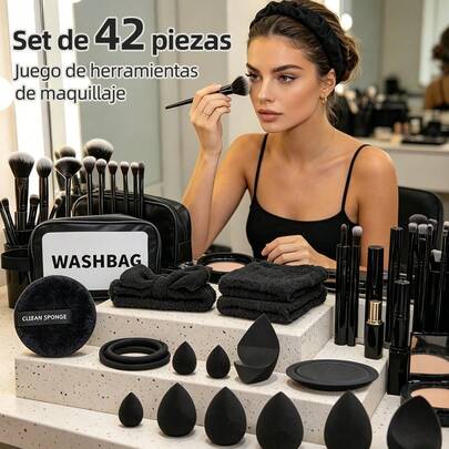 Professional 42-Piece Makeup Brush Set, Including Sponge, Headband And Toiletry Bag: A Complete Makeup Set Including Foundation Brush, Eyeshadow Brush, Makeup Sponge And Storage Bag, Suitable For Both Beginners And Professional Makeup Artists.