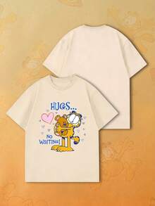 SHEIN | Garfield 女款米色圓領T恤，可愛卡通貓抱熊愛心標語印花，寬鬆短袖，適合日常街頭女孩休閒穿搭 - 杏色 - 查看 5