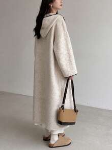 Women's Casual Contrast Color Trim Hooded Cardigan Sweater Coat, Long Style For Winter Fall - Oatmeal - View 3