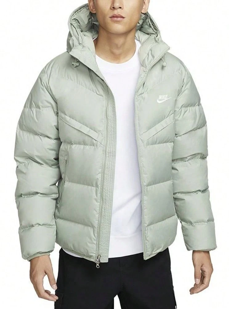 Nike Solid Color Zip-Up Hooded Stylish And Versatile Long-Sleeved Down Jacket For Men, Light Gray. - Light Grey - View 1