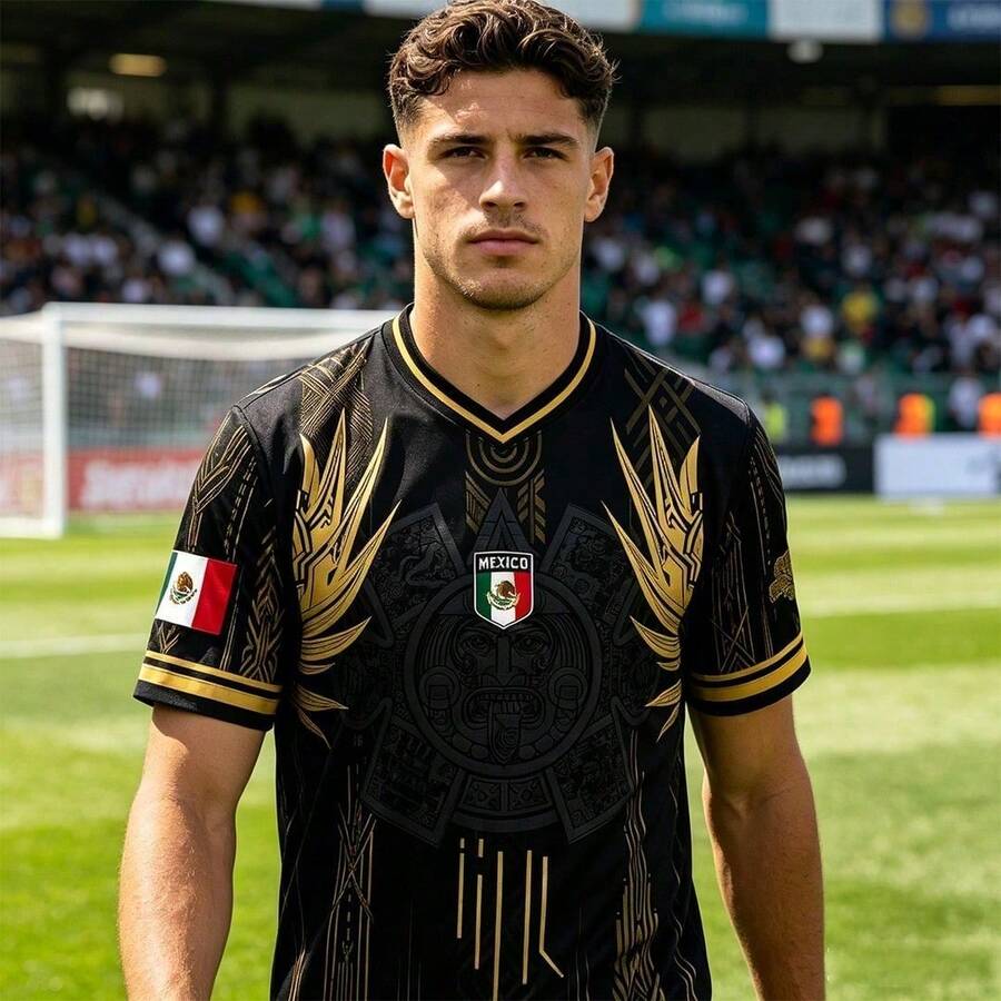 Mexico Gold Accent Soccer Jersey – Graphic Print Football Shirt For Men Short Sleeve Casual Sporty Streetwear Top - Default - View 1