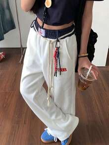 女款海軍藍復古休閒運動長褲，拼接腰頭，直筒寬鬆大腿褲，美式風格白色 - 白色 - 查看 3