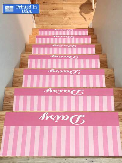 Alfombras de Escalera Personalizadas con Rayas Rosas Nombre/Texto Antideslizantes, Adecuadas para de Escaleras Interiores, Diseñadas para Escalones, con Características Antideslizantes, Absorbentes, Caminata Silenciosa, Fácil Limpieza, Cumpleaños, Festival, Fiesta, Boda, Decoraciones Diarias.