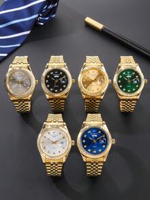 RICECGO 1pc Classic Men's Quartz Watch With Dual Calendar Display, Business Casual Steel Band Wristwatch, Fashionable And Reliable, Suitable As Father's Gift - Gold - View 11