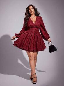 Viva Relle Vestido de mujer de talla grande de unicolor con escote en V profundo y mangas farol, de moda y sexy - Negro - Ver 6
