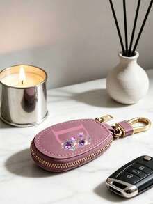 Unisex Multi-Function Key Pouch In Taro Purple With A-Z Letter Print, Zippered Key Organizer With Floral Pattern, PU Leather Material, Can Be Used As Car Key Holder, Car Key Chain Or Portable Small Key Bag, Minimalist Design Makes It A Travel Accessory And Elegant Ornament, Suitable For Home, Office, Travel And Car Environments, Perfect Gift For Friends, Family, Couples, Anniversary, Birthday, Wedding And - Multicolor - View 2