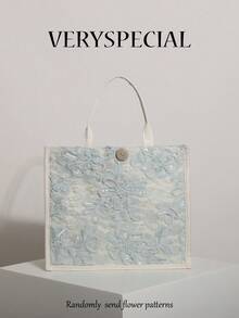 Bolso de mano de lino con bordado de malla con lentejuelas y patchwork floral azul claro, bolso tote de gran capacidad con patrón floral horizontal cuadrado, adecuado para vacaciones casuales (patrón floral distribuido aleatoriamente) - verde menta - Ver 9