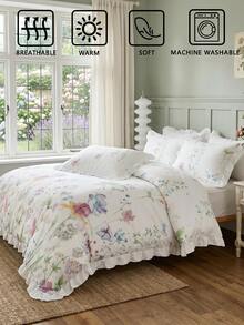 Juego de ropa de cama de 3 piezas con estampado floral blanco y ribete con volantes completos - Incluye 1 funda nórdica y 2 fundas de almohada (sin rellenos), estilo campestre fresco, ligero y transpirable, lavable a máquina, ropa de cama floral, estilo campestre, decoración del hogar con volantes - Multicolor - Ver 7