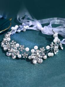 1pc Fashion Rhinestone Faux Pearl Bridal Waist Belt, Wedding Dress Gown Accessory, Women's Belt Suitable For Daily Wear, Party, Holiday, Gathering - Silver - View 4