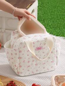 Large Capacity Insulated Lunch Bag, 9.5L Portable Cute Bento Bag, Dual Pocket Design, Heart-Shaped Quilted Bow Print, Waterproof Insulated Lunch Box Bag, Suitable For Women, Students, Teachers, Office Workers, Picnic, Work, Office, Travel, Camping, Back To School Essential Cooler Bag - Multicolor - View 5