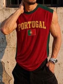 Débardeur sans manches pour hommes Fractyr avec imprimé drapeau "Portugal" et blocs de couleurs, débardeur de muscle athlétique vintage doux et ample, débardeur de football rétro décontracté d'été - Rouge foncé - Voir 2