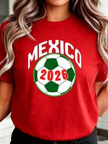 Women's Casual Red Mexico 2026 Football Print Short Sleeve Round Neck Cotton T-Shirt - 紅色 - 查看 1