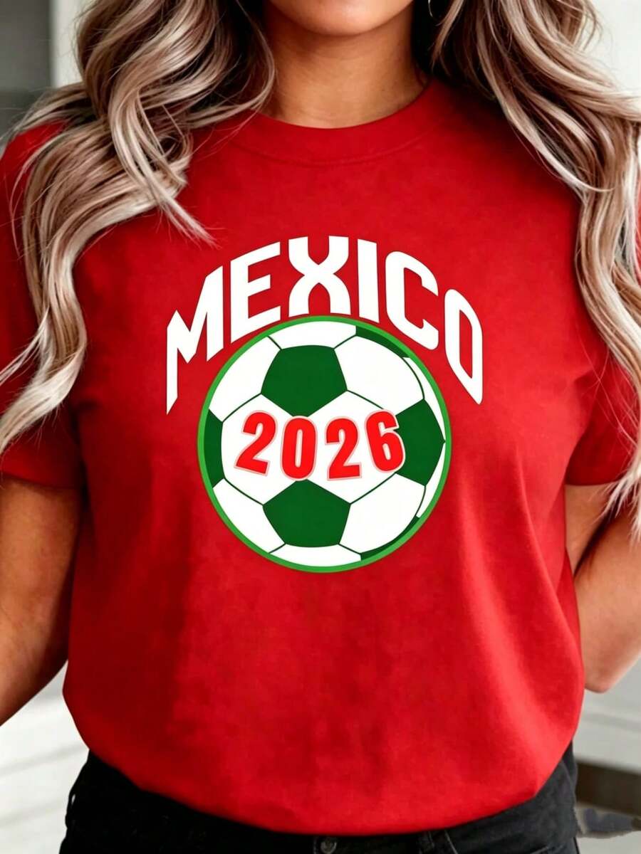 Women's Casual Red Mexico 2026 Football Print Short Sleeve Round Neck Cotton T-Shirt - 紅色 - 查看 1