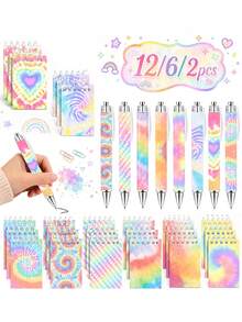 12pcs-Mini Tie-Dye Notebooks And Matching Ballpoint Pens. Colorful Style Pocket Notebooks And Ballpoint Pens, Back To School - Multicolor - View 1