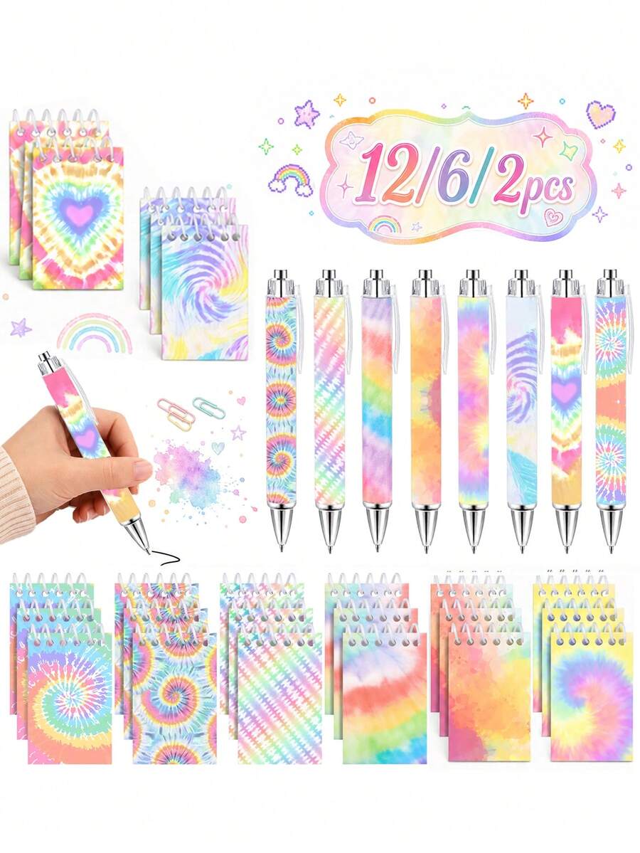12pcs-Mini Tie-Dye Notebooks And Matching Ballpoint Pens. Colorful Style Pocket Notebooks And Ballpoint Pens, Back To School - Multicolor - View 1