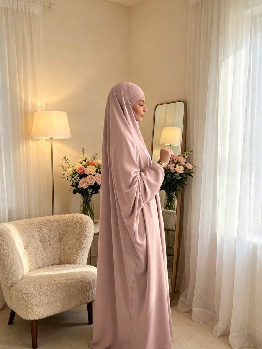 1件女款純色Nida布料透氣親膚寬鬆舒適綁帶式易穿著長袍,祈禱吉爾巴布長袍,杜拜式長袍,希賈布 - 粉34# - 查看 1