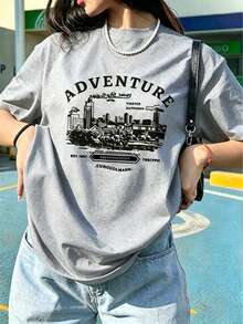 「Adventure」城市景觀圖案T恤，復古旅行休閒夏季款 - 灰色 - 查看 7