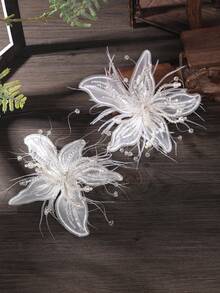2pcs Handmade White Lace Flower Fairy-Style Feather Trim Hair Clips, Bridal Wedding Accessories For Studio Makeup - Two White Ones - View 8