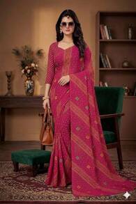 Estationeryhouse Bandhani Diagonal Print With Unstitched Blouse Piece - Hot Pink - View 1