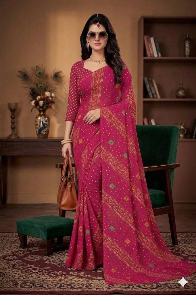 Estationeryhouse Bandhani Diagonal Print With Unstitched Blouse Piece - Hot Pink - View 1