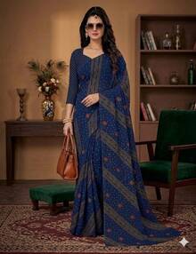 Estationeryhouse Bandhani Diagonal Print With Unstitched Blouse Piece - Navy Blue - View 1