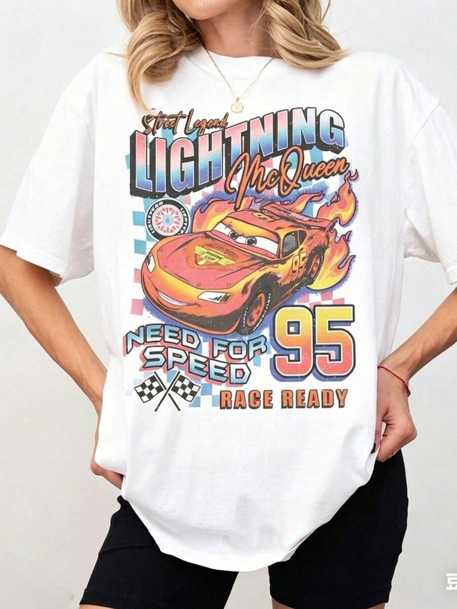 Camiseta de Coche Retro de Rayo McQueen de Disney, Cómoda, Camiseta Retro Colorida de Rayo McQueen, Edición del Festival Familiar 2026 Para el Estacionamiento, Excelente Regalo. - Blanco - Ver 1