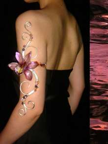 Women's Adjustable Silver Wire Wrapped Upper Arm Cuff, Handmade, Faux Purple Orchid Multi-Color Beaded Arm Accessory, Fairy Floral Exaggerated Arm Band, Bohemian Arm Jewelry - Purple - View 2