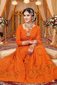 Estationeryhouse Bandhani Printed With Leaf Design Border With Unstitched Blouse Pc - Orange - View 2