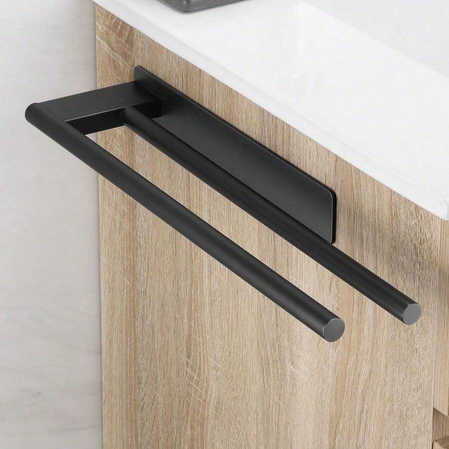 Portaoggetti, portaoggetti per bagno, portasciugamani senza foratura, nero opaco, acciaio inox, autoadesivo, doppio portasciugamani, 39 cm - Visualizzare 1