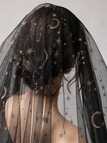 50cm / 1yd / 3yd / 5yd Black Transparent Tulle - Full-Width Gold Star And Constellation Embroidery With Subtle Glitter, Soft And Flowy Mesh - Suitable For Gothic Dresses, Starry Wedding Veils, Stage Performance Costumes And DIY Star Decorations - Multicolor - View 6