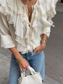 French Chic Women Multi Ruffle Front Tie Crinkle Textured Blouse, Long Sleeve V Neck Semi Sheer Elegant Shirt For Daily Commute - Apricot - View 2
