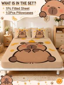 2/3pcs Cute Capybara Pattern Fitted Sheet Fitted Sheet Mattress Protector, Soft Comfortable Breathable, Suitable For All Seasons, Fits All Bed Sizes (Twin/Full/King/Queen), Deep Pocket Design, Suitable For Bedroom, Dorm, Hotel, Machine Washable - Multicolor - View 2