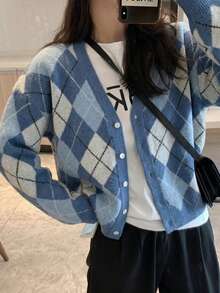 休閒 V 領復古菱格紋針織開襟衫 - 藍色 - 查看 4