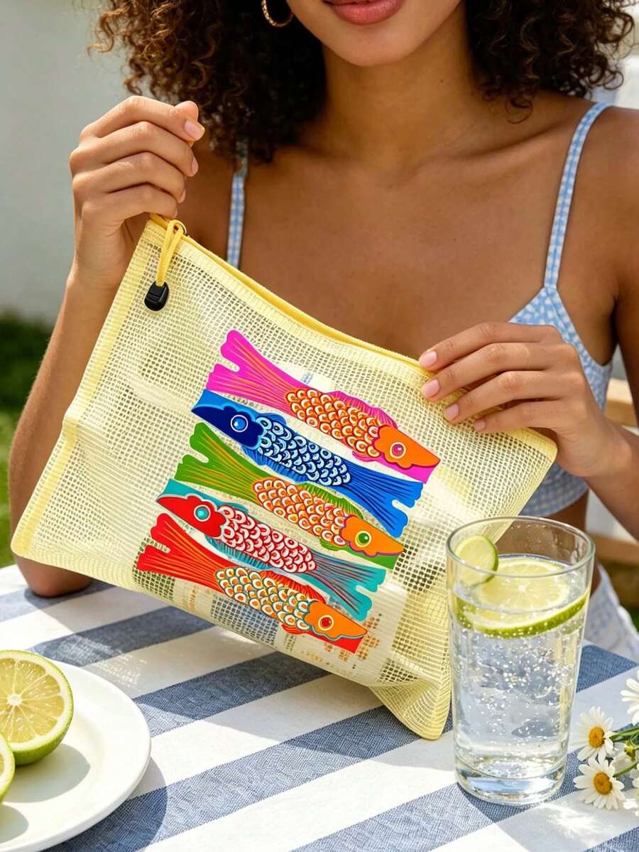 Waterproof Beach Makeup Bag, Colorful Fish Pattern, Ocean Theme Large Capacity Transparent Cosmetic Bag, Nylon Zipper, Lightweight Sun Protection Storage Bag, Portable Travel Organizer, Multi-Functional Storage Bag, Suitable For Swimming, Beach, Diving, Daily Use