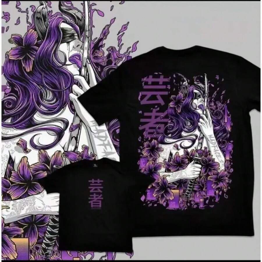 Unisex Black T-Shirt 100% Unwashed Cotton, A320 Geisha Design With Hannya Mask, Anime And Samurai Style, Streetwear Aesthetic Fashion, Casual Wear For Men And Women, Perfect For Use - 灰色 - 查看 1