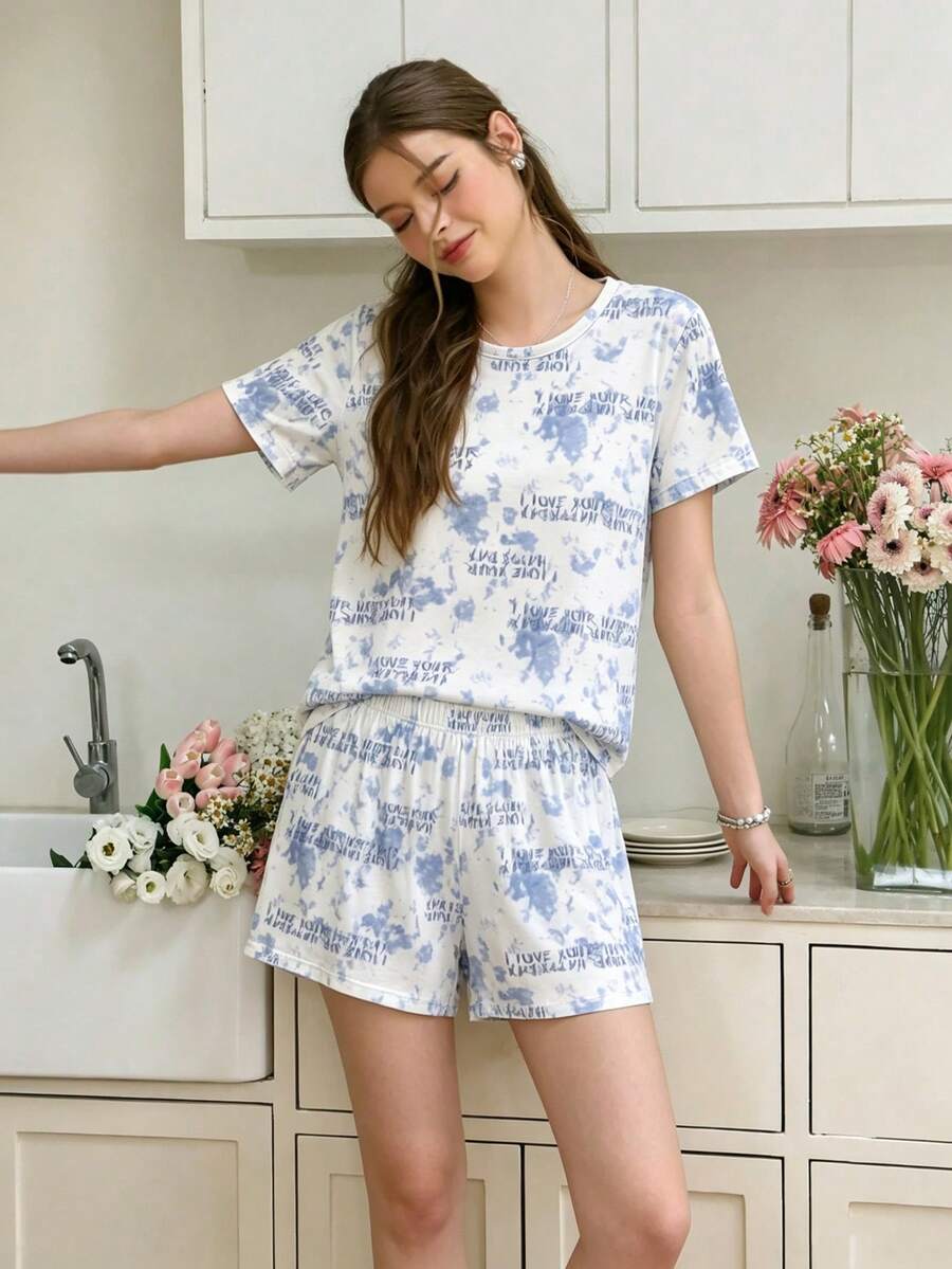 White Letter Print Short Sleeve & Shorts 2 Pieces Pajama Set - White - View 1