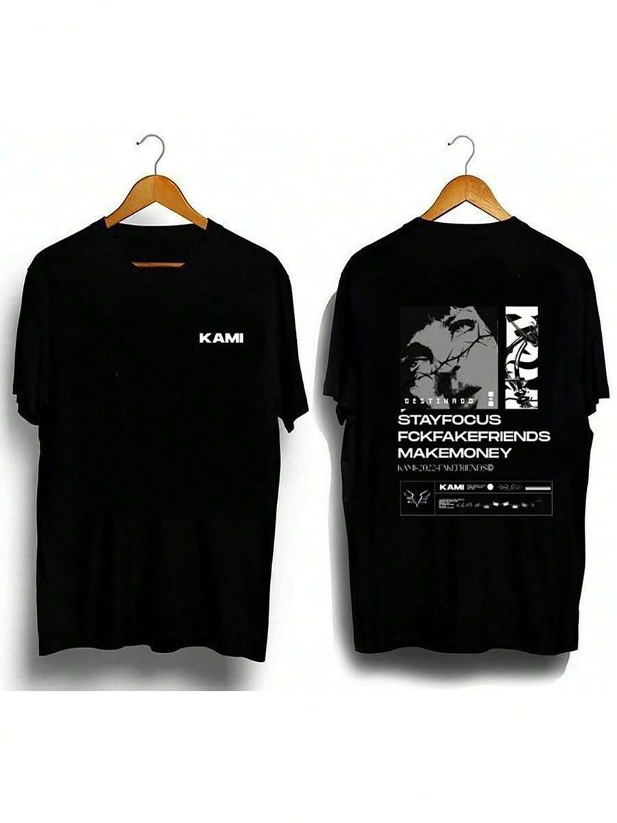 Men's Cotton Blend T Shirt - Kami Stay Focus Printing - Fashionable Casual Wear, Breathable And Lightweight2026New T Shirt Breathable Stretch Fabric,Suitable For Summer Leisure T Shirt,Machine Washable,Suitable For Outdoor And Home Wear,T Shirt,Pattern Printing,Comfortable Fabric - Black - View 1