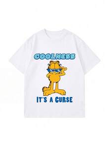 SHEIN | Garfield 女款復古酷感名言卡通圖案寬鬆大尺寸T恤，休閒基礎短袖上衣，適合女孩聚會與日常通勤穿搭 - 白色 - 查看 3