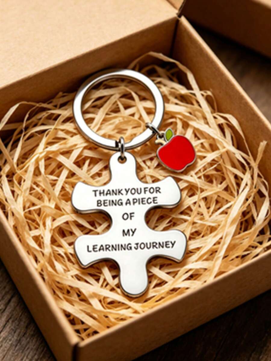 3pcs/1pc Universal Apple Shaped Keychain, With "Thank You" Puzzle Piece Pattern, Mini Gift, Novelty Gift, Ideal Gift For Girlfriend, Keychain Pendant, Couple Keychain, School Supplies, Birthday Gift, Teacher Gift, Back To School Teacher Accessory - One Size Fits All - View 1