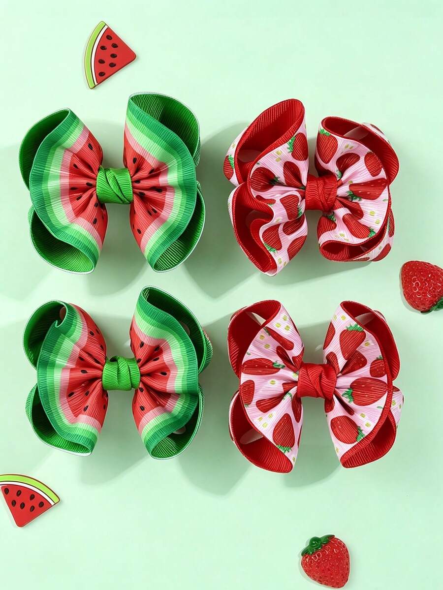 4 Stücke Wassermelone & Erdbeere Schleife Haarspangen, Fruchtmuster Haarstyling-Clips, süße blumenförmige Schleife Haarspangen, Feiertags- & Alltags-Haaraccessoires für Teenager - Verschiedenfarbig - Übersicht 1