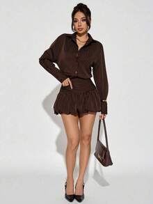 PETITE Conjunto casual para mujer, atuendos de otoño para mujer, falda de burbujas marrón y blusas, rayas marrones - Negro - Ver 6