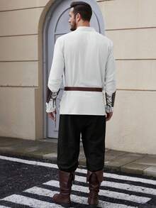 男士長袖抽繩設計襯衫，中世紀維京風格服裝，適合節慶與派對 - 白色 - 查看 3