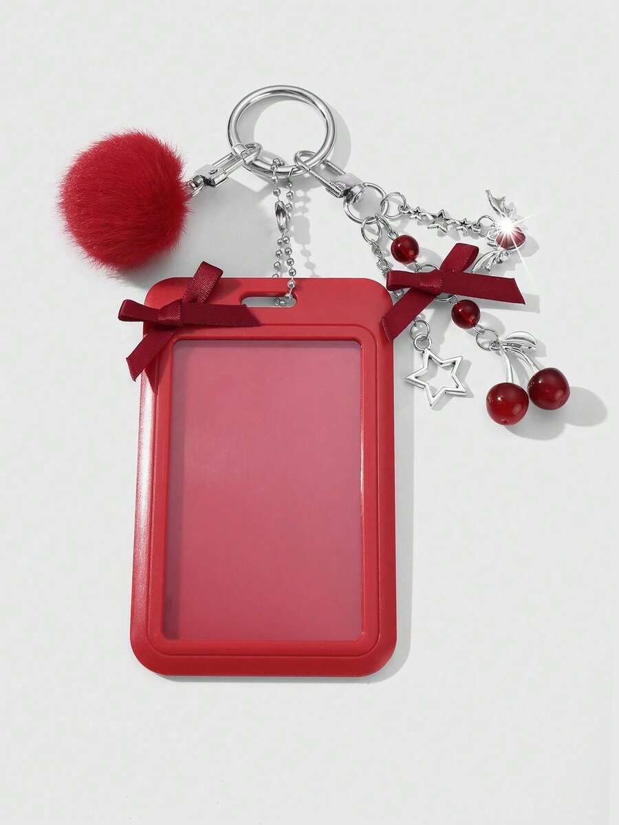 ROMWE Kawaii 1 pieza, elegante cordón gótico plateado con cuentas, lazo de cinta CCB y corazón, cordón ajustable, porta credencial, llavero, adecuado para trabajadores de oficina y estudiant - Rojo-90 - Ver 1